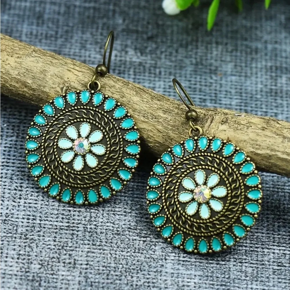 Round Floral Turquoise Earrings - Picture 1 of 6